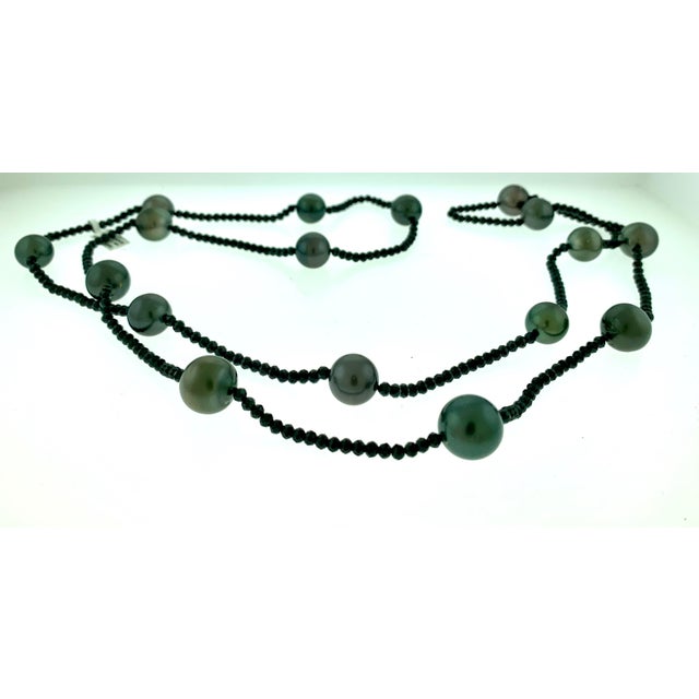 White Black Tahitian Pearl Single Strand Necklace with Black Spinel, Opera Length 46 For Sale - Image 8 of 18
