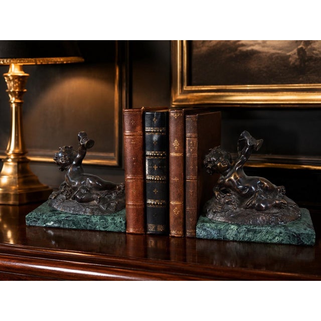 Bronze Pair of Vintage Bronze Belle Époque Style Bacchic Putti Bookends on Verde Marble, in the Manner of Auguste Moreau For Sale - Image 8 of 12