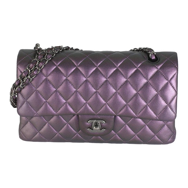 Purple Quilted Iridescent Lambskin Medium Classic Double Flap Bag For Sale