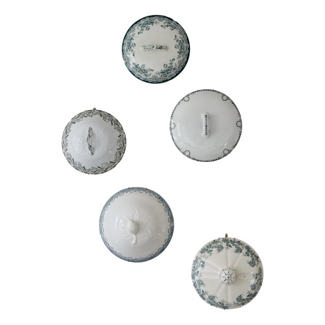 Wall Composition of Soup Tureen Lids in Green Earthenware, 1950s, Set of 5 For Sale