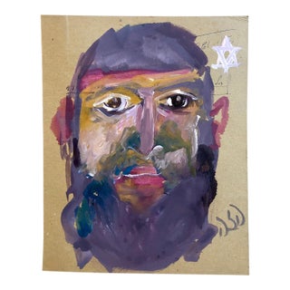 Unknown, Outsider Folk Art Expressionist Rabbi Israeli Painting Signed Hebrew Jewish Star For Sale