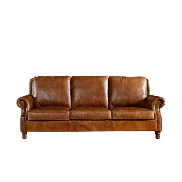 English English Rolled Arm Sofa - Light Brown Leather For Sale - Image 3 of 10