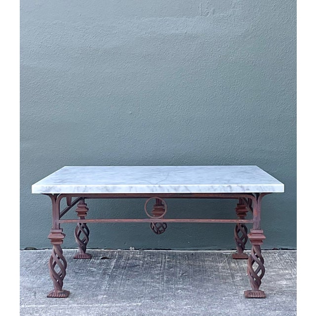 Spanish Revival Vintage Patinated Wrought Iron Marble Coffee Table For Sale - Image 3 of 12