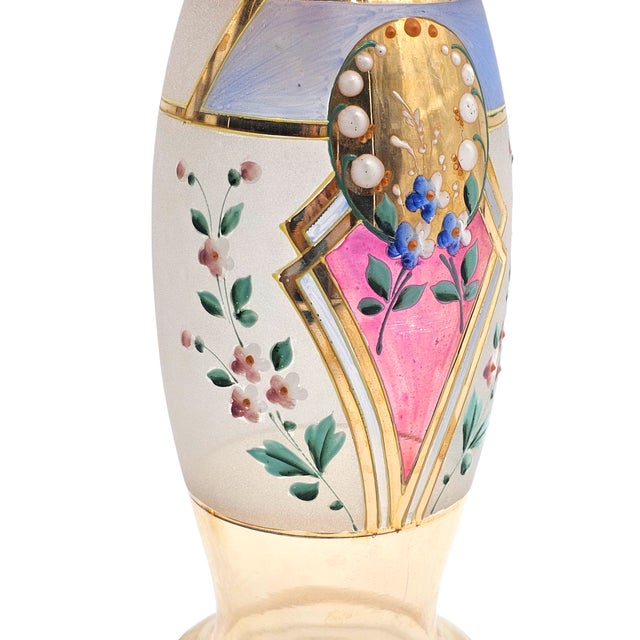 Glass Hand-Painted Bohemian Decanter Set – Amethyst, Gold, and Enamel Floral Motif – 3 Pieces For Sale - Image 7 of 10