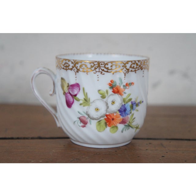 Late 19th Century Antique Dresden Blue Crown Polychrome Porcelain Demitasse Saucer Flowers Gilding For Sale - Image 5 of 12