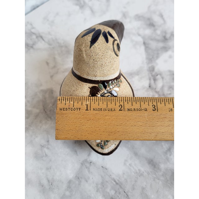 1990s Handcrafted Stoneware Bird Figurine With Brown Beak and Floral Details 4" Long Tonala Mexico For Sale - Image 10 of 12