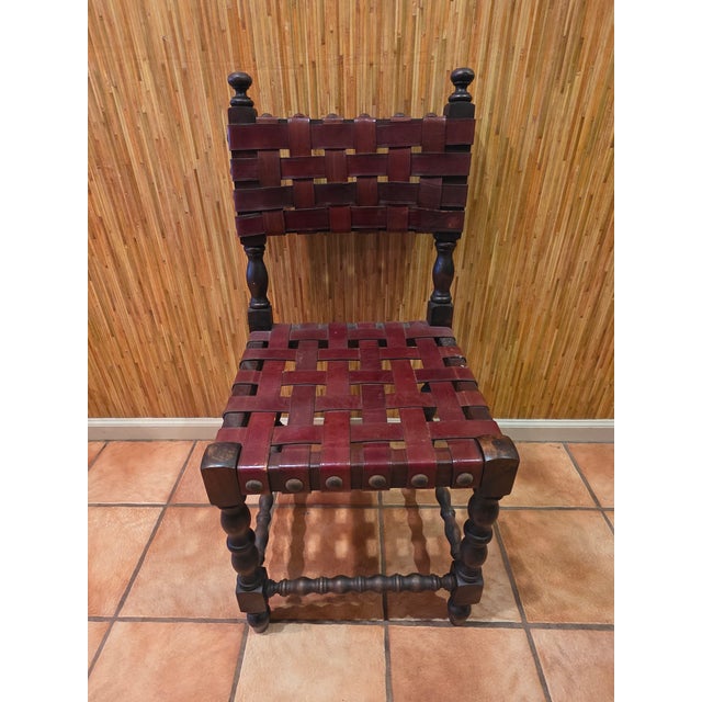 Mid 20th Century Mid 20th Century Spanish Set of Six Interlaced Leather Wooden Chairs For Sale - Image 5 of 12