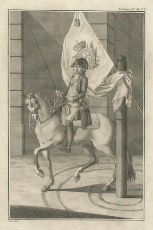 Robert Bénard, Portuguese Cavalry Officer with Royal Standard, 1790, Paper Engraving