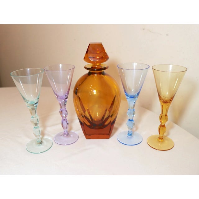 1990s Vintage Cut Crystal Signed Moser Czechoslovakian 5 Pc Colored Glass Decanter Set For Sale - Image 5 of 12
