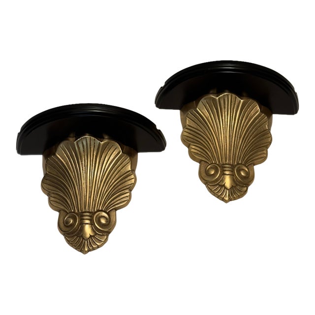1970s Hollywood Regency Brass and Black Lacquer Shell Sconces - A Pair For Sale