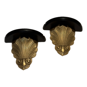 1970s Hollywood Regency Brass and Black Lacquer Shell Sconces - A Pair