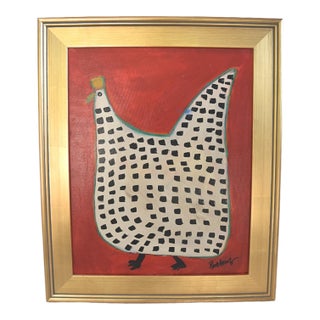 Folk Art Chicken Hen Painting by Ruth Arenz Including the Antiqued Gold Wood Frame For Sale