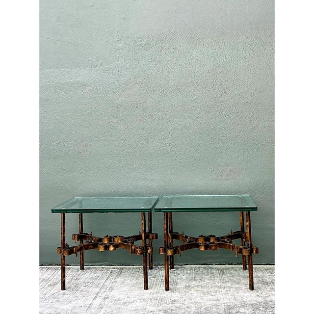 Chocolate Vintage Brutalist Glass and Metal Side Tables - Pair For Sale - Image 8 of 12