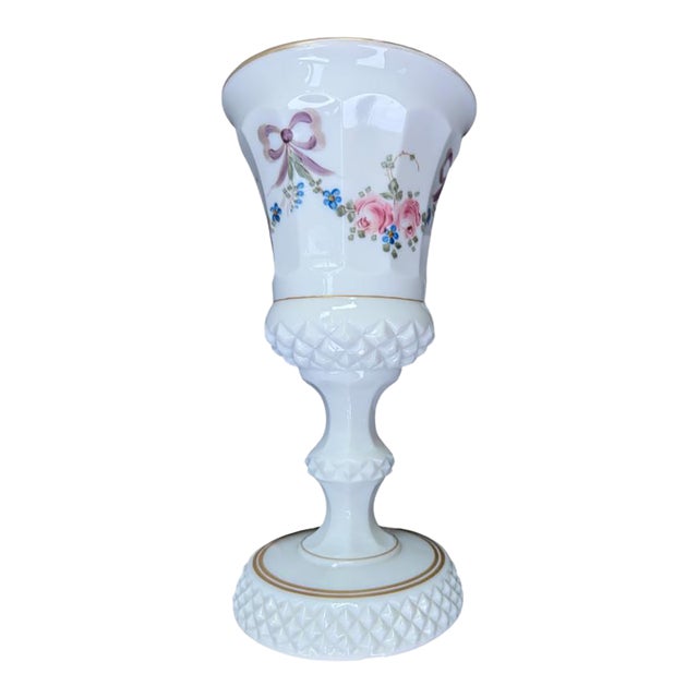 Vintage Westmoreland Milk Glass Vase/Urn Hand Painted Roses and Bows For Sale