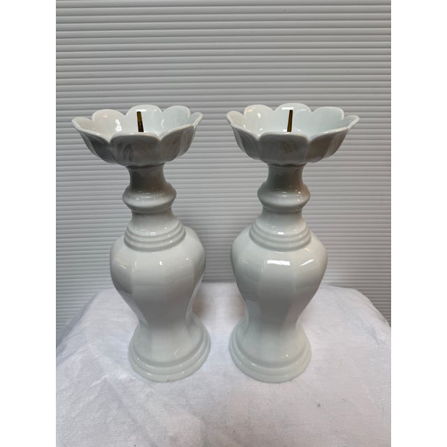Asian Lotus Shaped Ceramic Candle Holders, Pair For Sale - Image 3 of 12