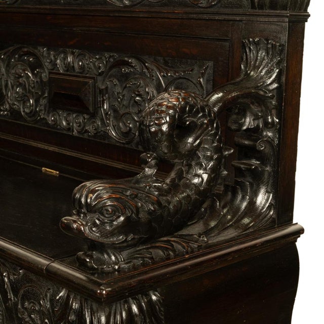 Antique Italian Renaissance Revival Carved Walnut Hall Bench Chest Dolphins 1870 For Sale - Image 11 of 14