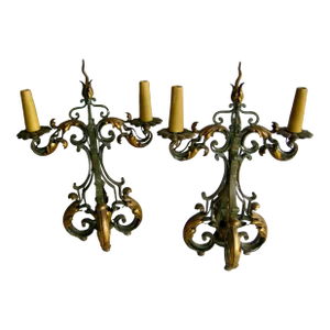 Pair of French 1920 Fer Forge Gilbert Poillerat Wrought Iron Candelabras Lamps