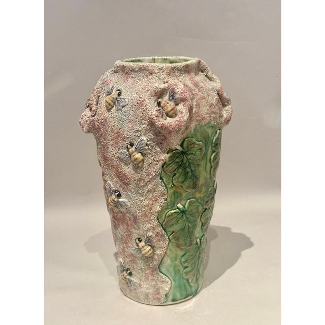 Ceramic Vintage Mexican Majolica Vase Mercario Murguia Bees & Leaves For Sale - Image 7 of 13
