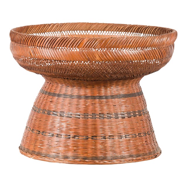 Thai Vintage Woven Rattan Fruit Market Basket with Pedestal Tapering Base For Sale