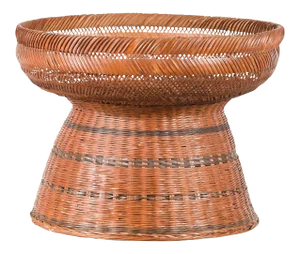 Thai Vintage Woven Rattan Fruit Market Basket with Pedestal Tapering Base