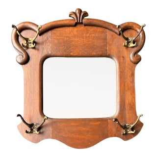 Antique Quarter-Sawn Oak Hall Mirror With Brass Hooks, C. 1900 For Sale