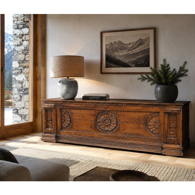 Baroque 18th Century Rustic Trentino Chest in Carved Wood For Sale - Image 3 of 18