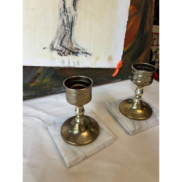 Pair of 1970s Brass Candle Holder With Marble Bottoms For Sale In Atlanta - Image 6 of 10