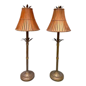 Vintage Palm Tree Lamps With Bamboo Shades - a Pair