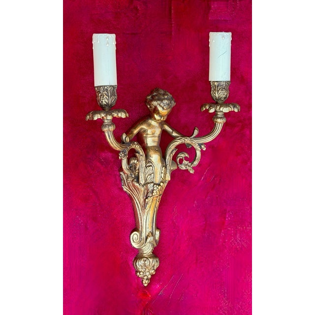 French Louis XV Style Gilt Bronze Cherub Wall Sconces, 1930, Set of 2 For Sale - Image 9 of 18