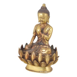 19th Century Seated Buddha Figure in Gilt Bronze with One Hand Raised, Asia For Sale