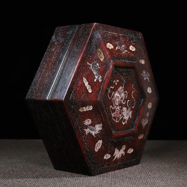 Zitan Wood Hexagonal Box Inlaid With Mother-of-Pearl For Sale - Image 4 of 10