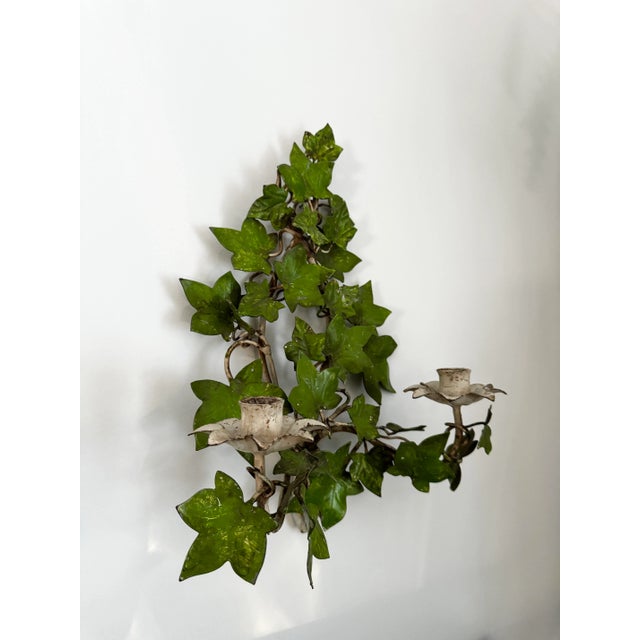 Metal Pair of Vintage Italian Tole Painted Green Botanical Ivy Leaf Wall Candle Sconces For Sale - Image 7 of 10
