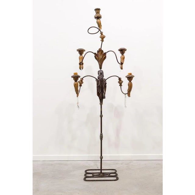 Baroque Large Standing Candleholder with 5 Lights in Forged Iron and Wood Carving, 1950s For Sale - Image 3 of 10