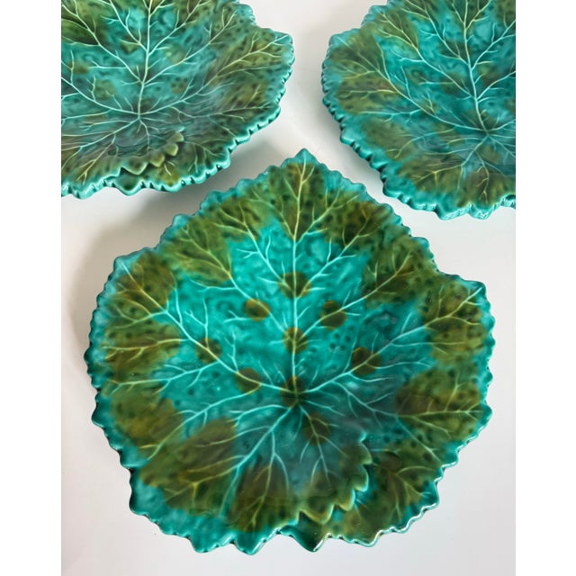 Vintage Portuguese Majolica Leaf Plates – Set of 6 Turquoise & Green Glazed For Sale - Image 10 of 12