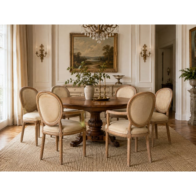 Stunning set of six vintage Italian dining chairs by F.lli Boffi, featuring distinctive rope-twist carved frames with...