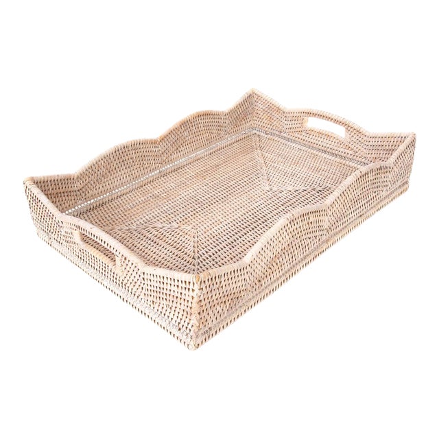 Artifacts Rattan Scallop Collection Rectangular Tray in White Wash - 22" For Sale