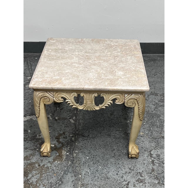 Late 20th Century Schnadig Fine Furniture French Provincial Carved Wood + Marble Side Table For Sale - Image 5 of 12