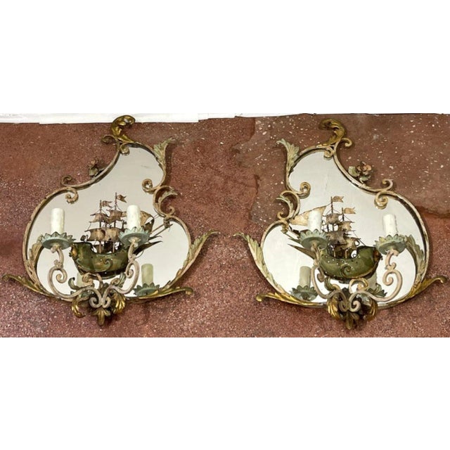 Traditional A Antique Venetian Tole & Mirrored Ship Motif Sconces - a Pair For Sale - Image 3 of 11