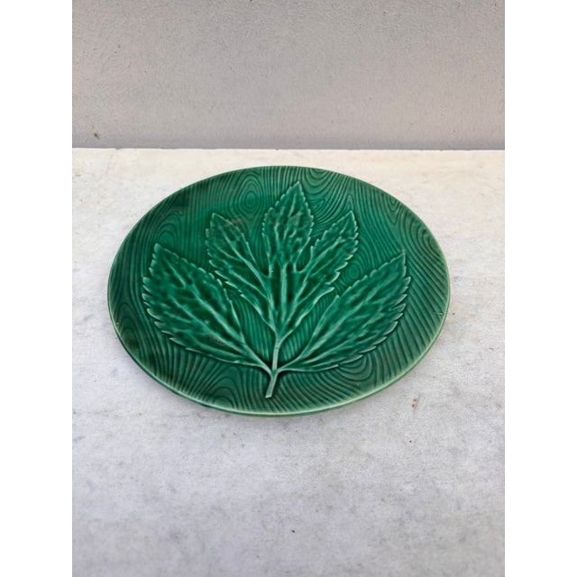 Green Majolica Leaf Plate signed Gien Primefleur Circa 1950.