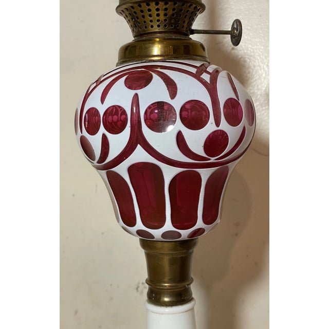 Antique Boston Sandwich Glass Cut to Clear Cranberry White Electrified Oil Lamp For Sale - Image 9 of 15
