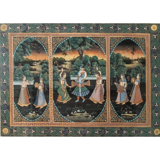 Green Indian Krishna and Gopi Painting on Silk For Sale - Image 8 of 8