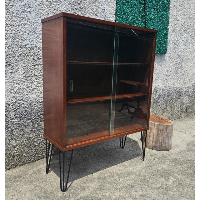 1970s Wood Cabinet With Glass Sliding Doors and Hairpin Legs For Sale - Image 4 of 12