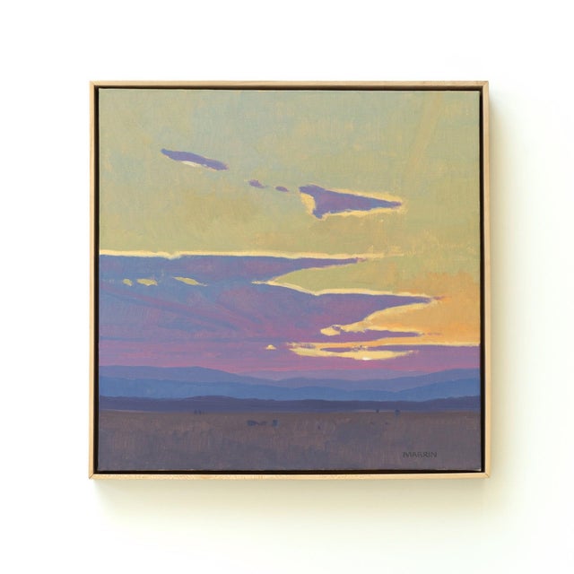 This artwork captures a serene landscape at dusk, where soft, layered clouds are painted in delicate hues of purple and...