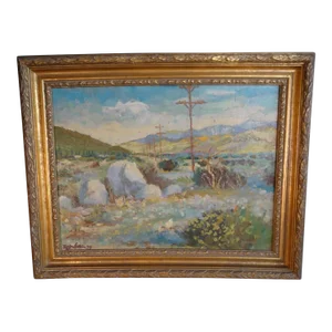 Circa 1973 California Desert Landscape with Telephone Poles Oil Painting by Carl W. Houbein, Framed