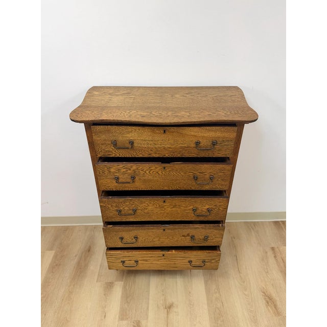 Wood Antique Oak Dresser Five Drawer Tallboy Chest of Drawers Bedroom Furniture For Sale - Image 7 of 10