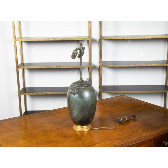 Wood Midcentury English Verdigris Bronze Two-Light Table Lamp with Horse Heads For Sale - Image 7 of 10