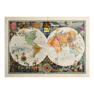 1954 Vintage French Map, Tai Transports Aériens Intercontinentaux - Luc-Marie Bayle