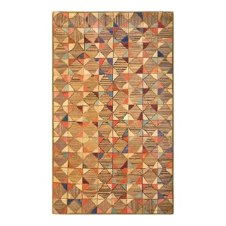 1900s Multicolor Geometric Antique American Hooked Rug 4'7" X 7'5" Handknotted Wool Carpet For Sale