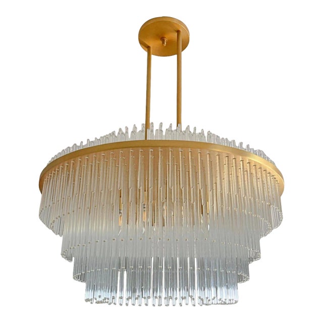 Satin Brass Chandelier With Glass Rods by LMD Custom Lighting For Sale