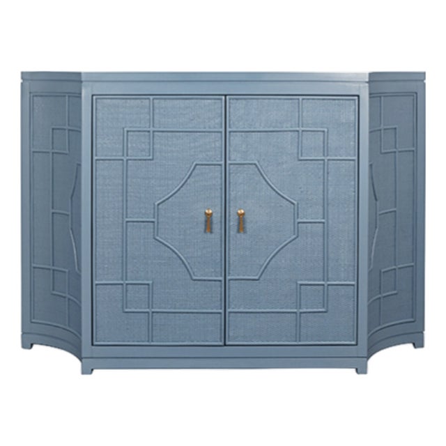 Matthew Izzo Home Isabel Capri Blue Greek Key Design Rattan Overlay With Brass Accents For Sale